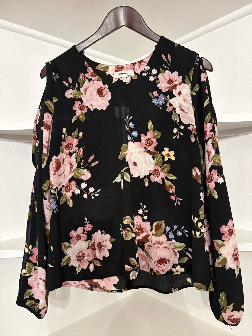 monteau Black Floral Cold-Shoulder Blouse with Pink Roses